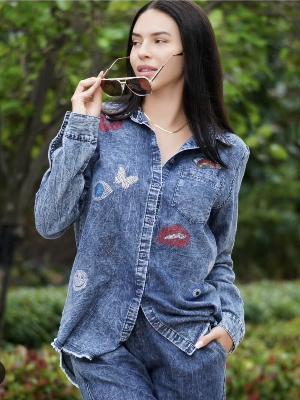 Lauren Moshi Sloane #1 Love Elements Crystal Rhinestone Denim Button-Up Shirt